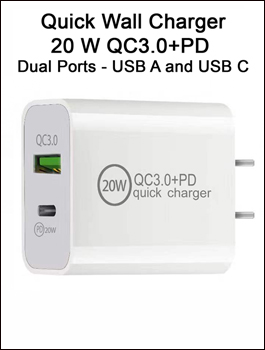 Quick Cell Phone Wall Charger 20 Watts Dual Ports